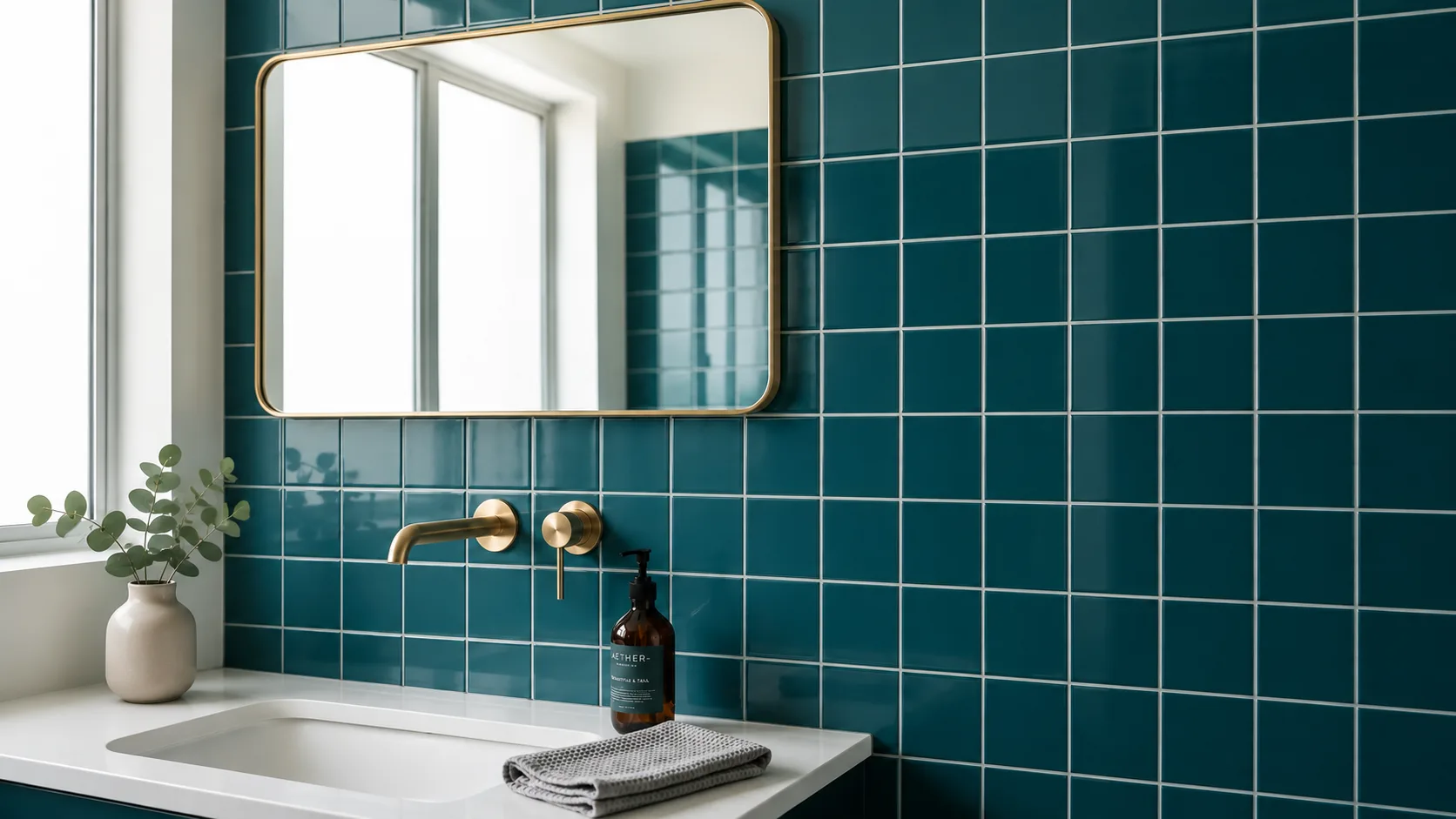 Baño con azulejo 10×10 brillo azul petróleo, espejo y grifería dorados