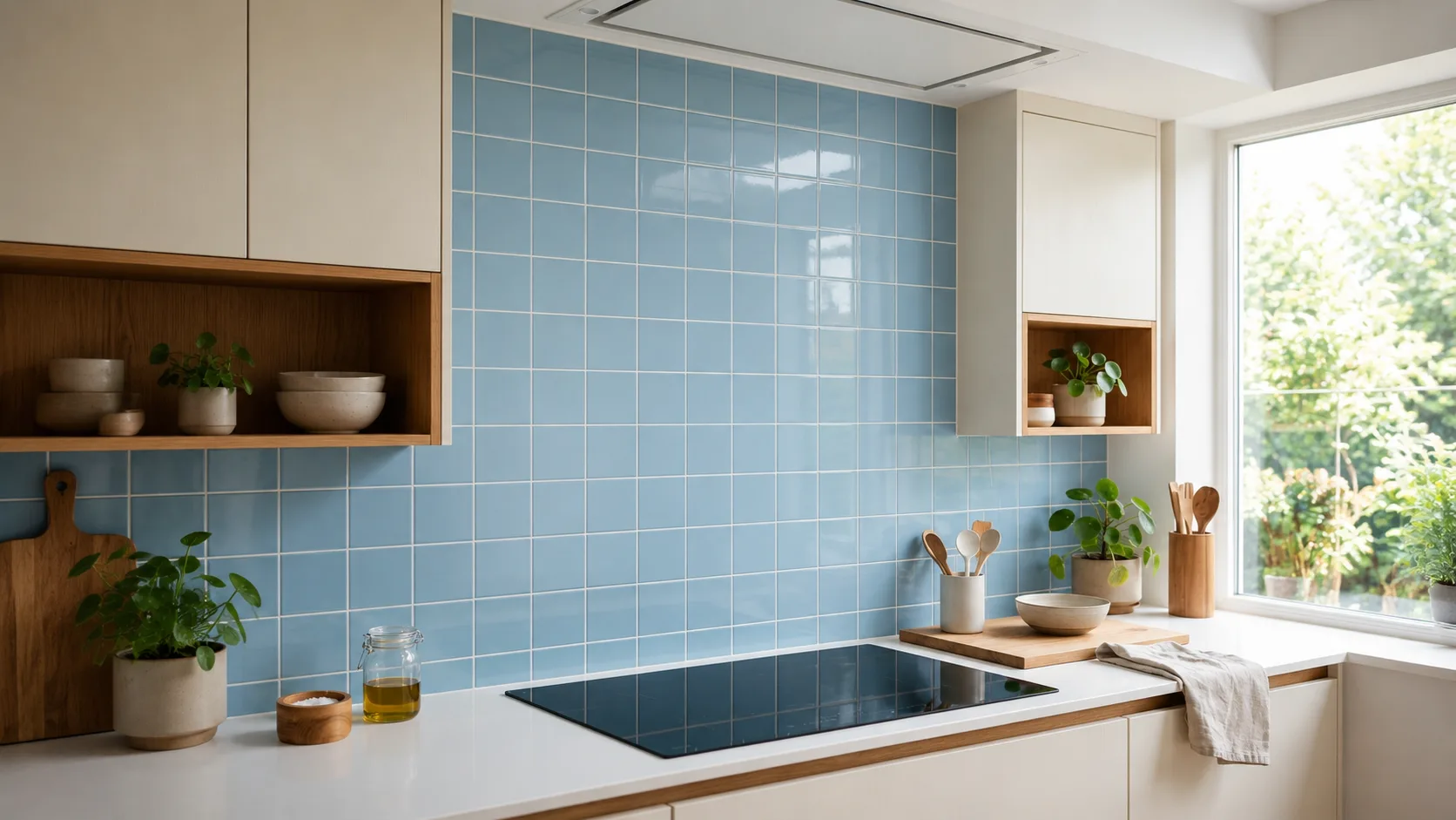 Cocina con frente de azulejo 10×10 brillo azul claro y muebles crema